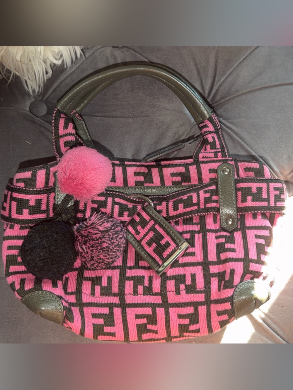 Fendi Pink/Zucca Wool Pom Pom Handbag